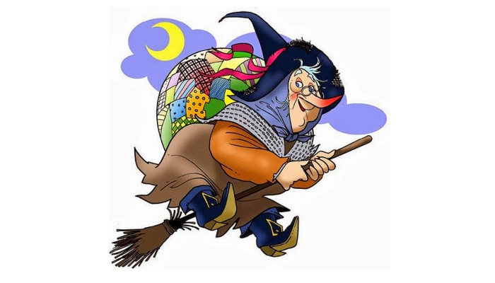 Immagine cartonesca della befana sulla sua scopa che vola